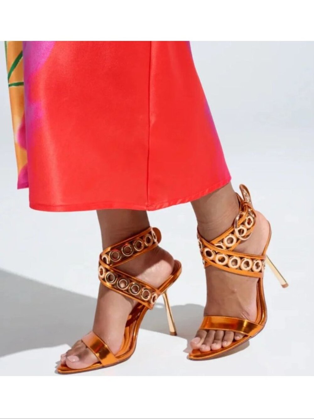 AZALEA WANG Samuel SANDALS Size 6.5 High Heels Orange Hardware Embellished NEW